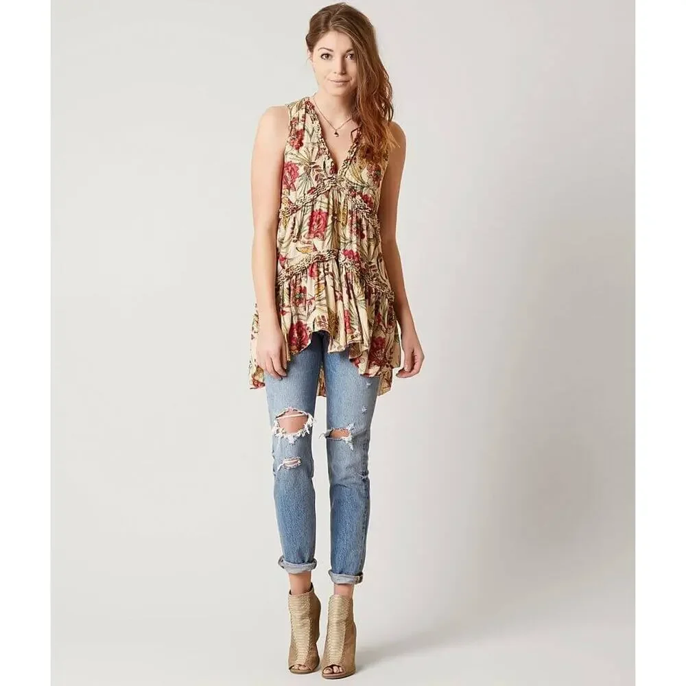 NEW Free People Haze Tunic Tank in Neutral Size XS Floral - Picture 3 of 4
